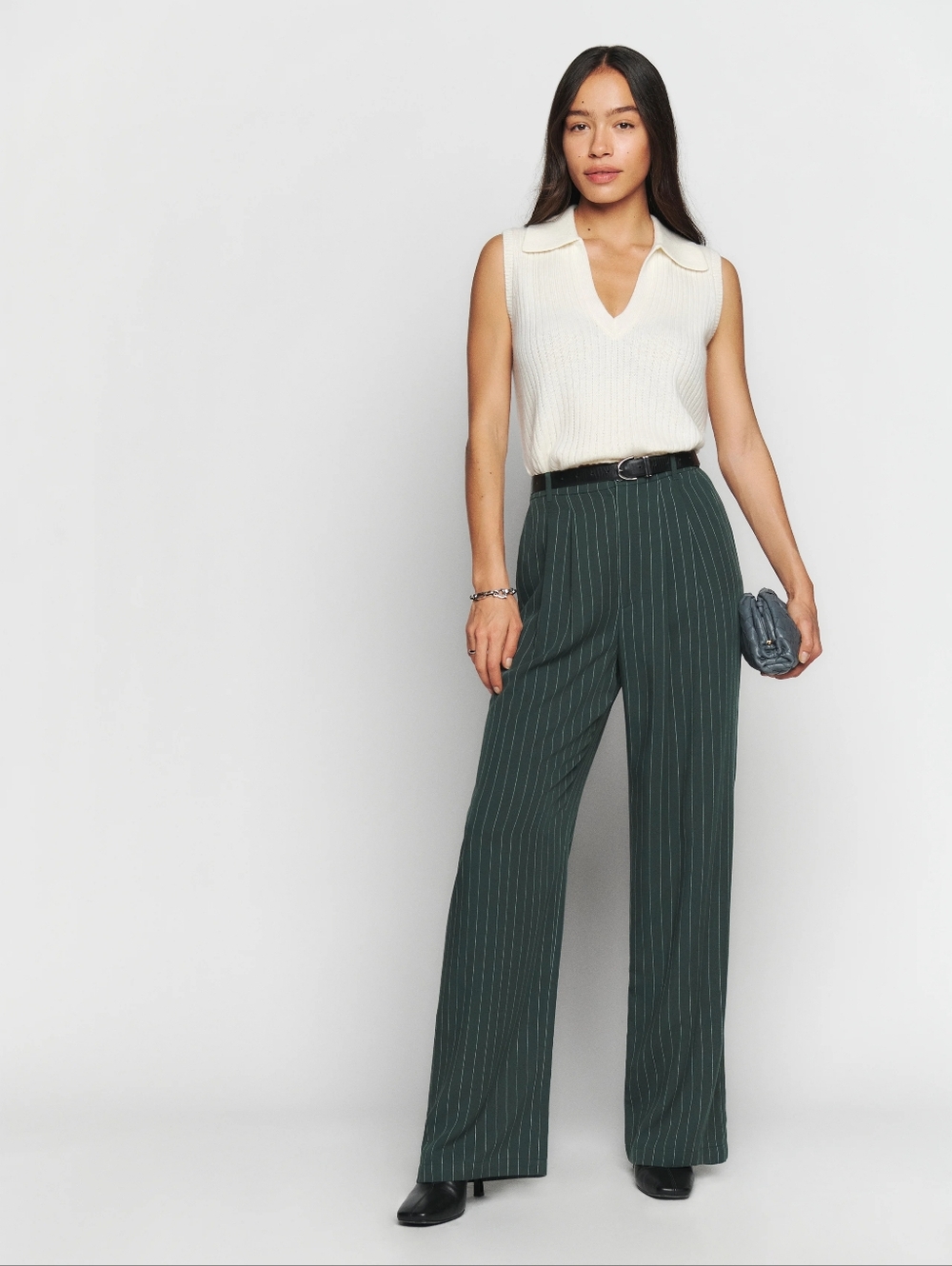 Reformation Mason Pants Wide Leg Pin Stripe Green Size 0